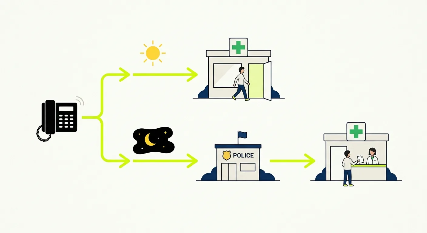 Schéma : depuis un téléphone, deux chemins. Le jour, sous un soleil, vers une pharmacie à la porte ouverte. La nuit, sous la lune, vers un poste de police puis une pharmacie où une personne tend son ordonnance au guichet