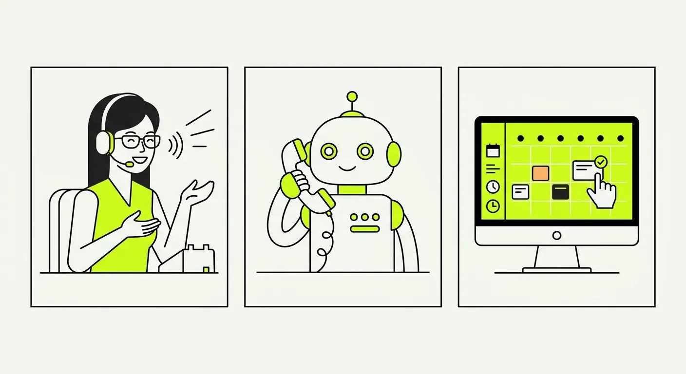 Illustration des alternatives au télésecrétariat : secrétaire avec casque, agent vocal IA et prise de rendez-vous en ligne