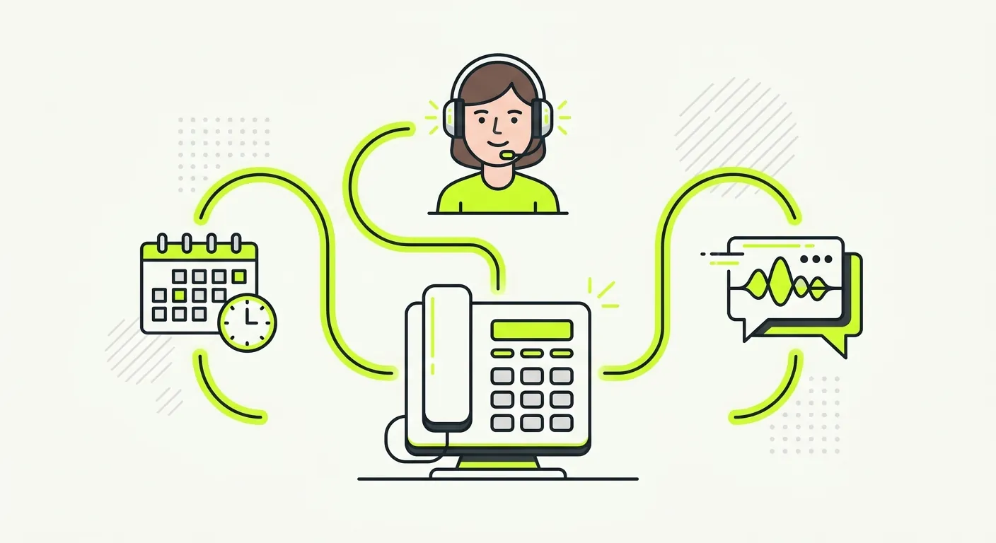 Schéma d'un standard téléphonique IA qui distribue les appels vers l'agenda, un humain ou un message