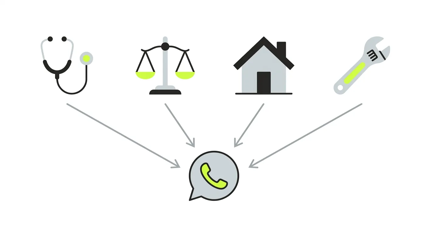 Schema montrant quatre secteurs (sante, avocats, immobilier, artisans) relies chacun a un message d'accueil telephonique