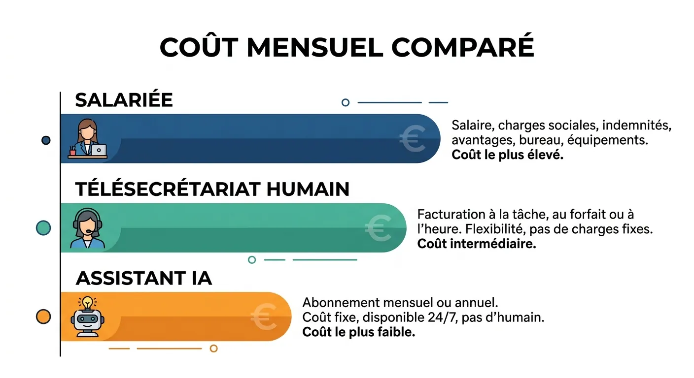Coût mensuel comparé : salariée, télésecrétariat humain, assistant IA