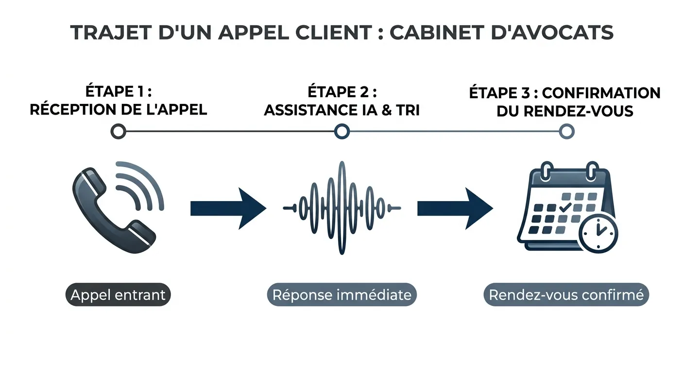 Schéma : trajet d'un appel dans un cabinet d'avocat avec assistant vocal IA